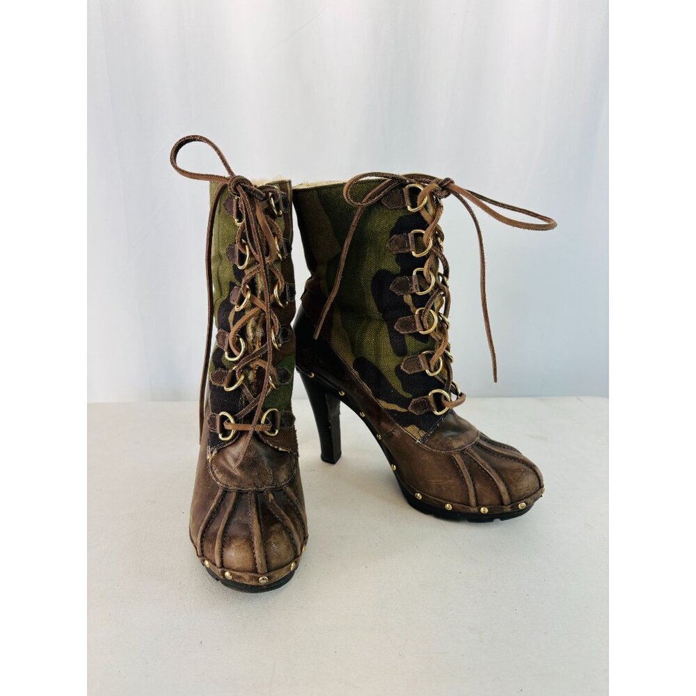 Michael Kors Camo Canvas Heeled Ankle Boots Women's Sz 5